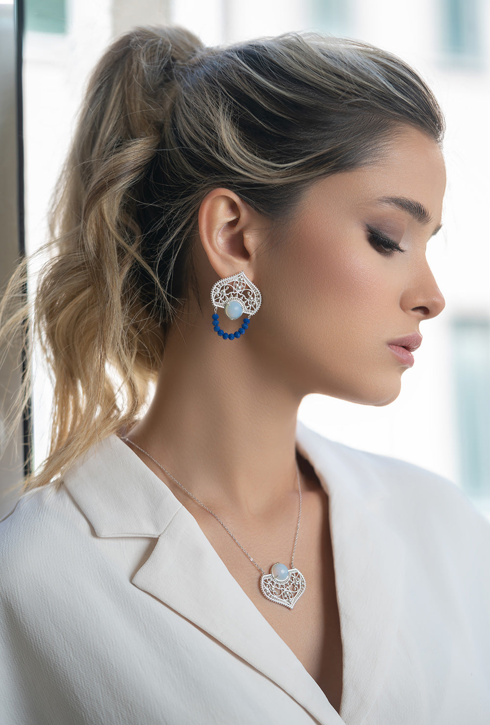 Statement Silver Dome Shape Earrings and Necklace with Opal