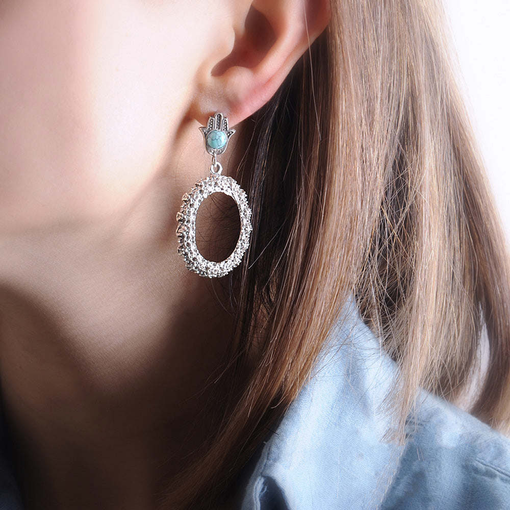 Sterling Silver Protecting Hamsa Hand Earrings with Turquoise