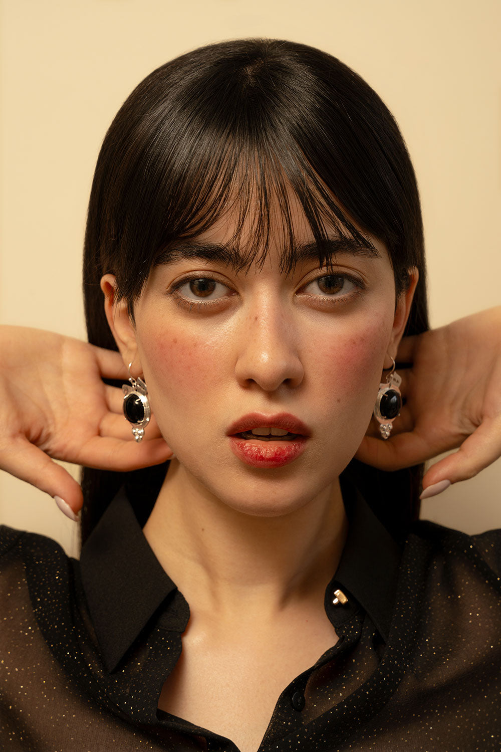 Sterling Silver Dangle Hich Earrings with Onyx