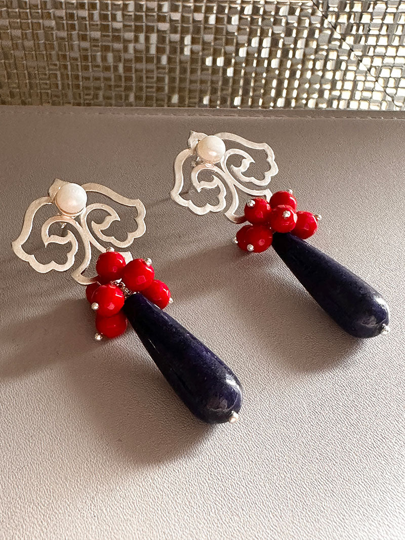 Statement Flower Silver Earrings with Pearl and Lapis Drop and Crystal