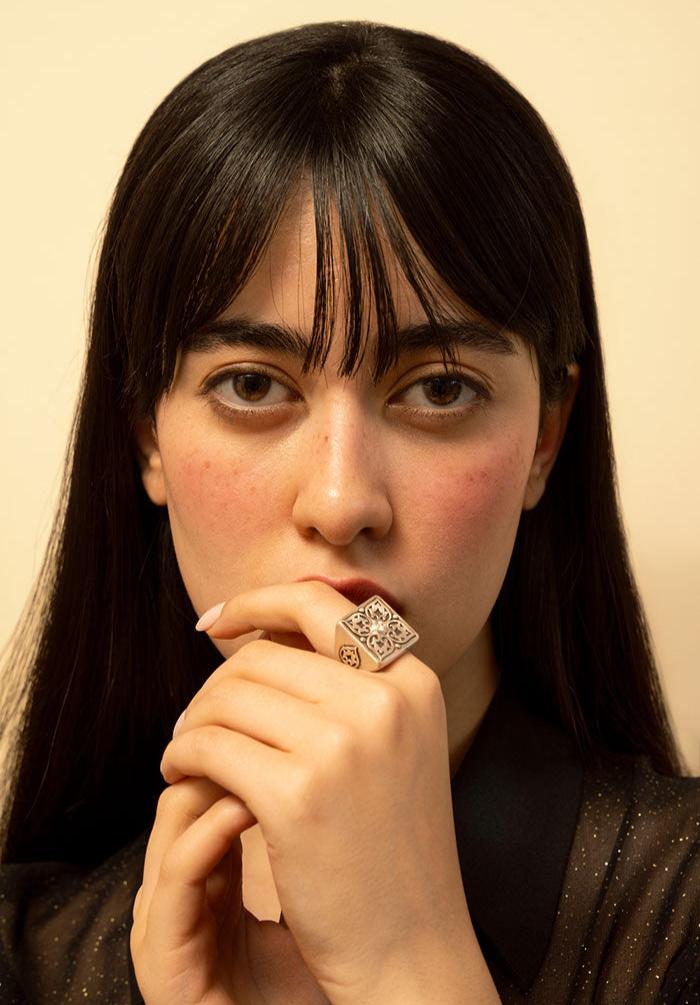 Silver Floral Pattern Square Signet Ring