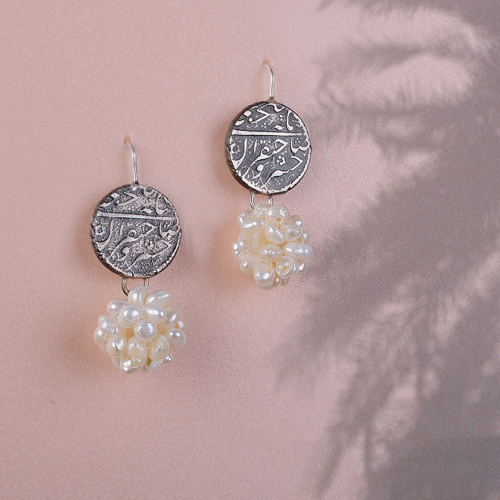 Silver Coin Dangle Earrings with Freshwater Pearl