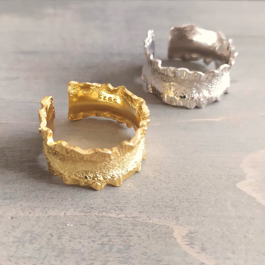 Irregular Textured Wide Band Silver Adjustable Ring