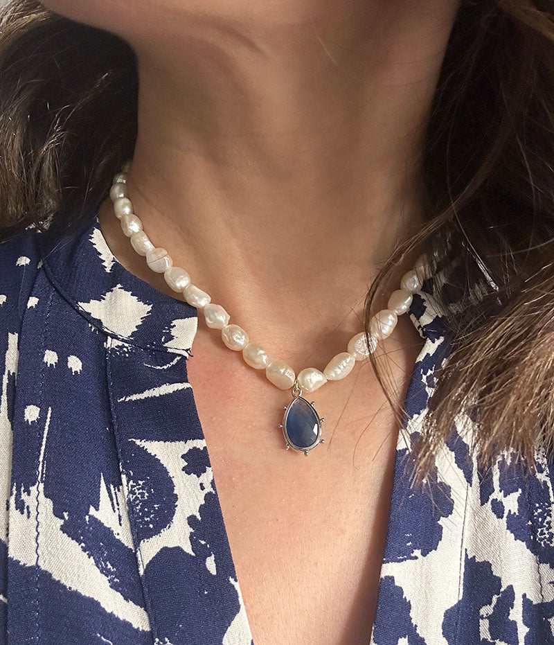 Freshwater Baroque Pearl Choker Necklace with Blue Agate