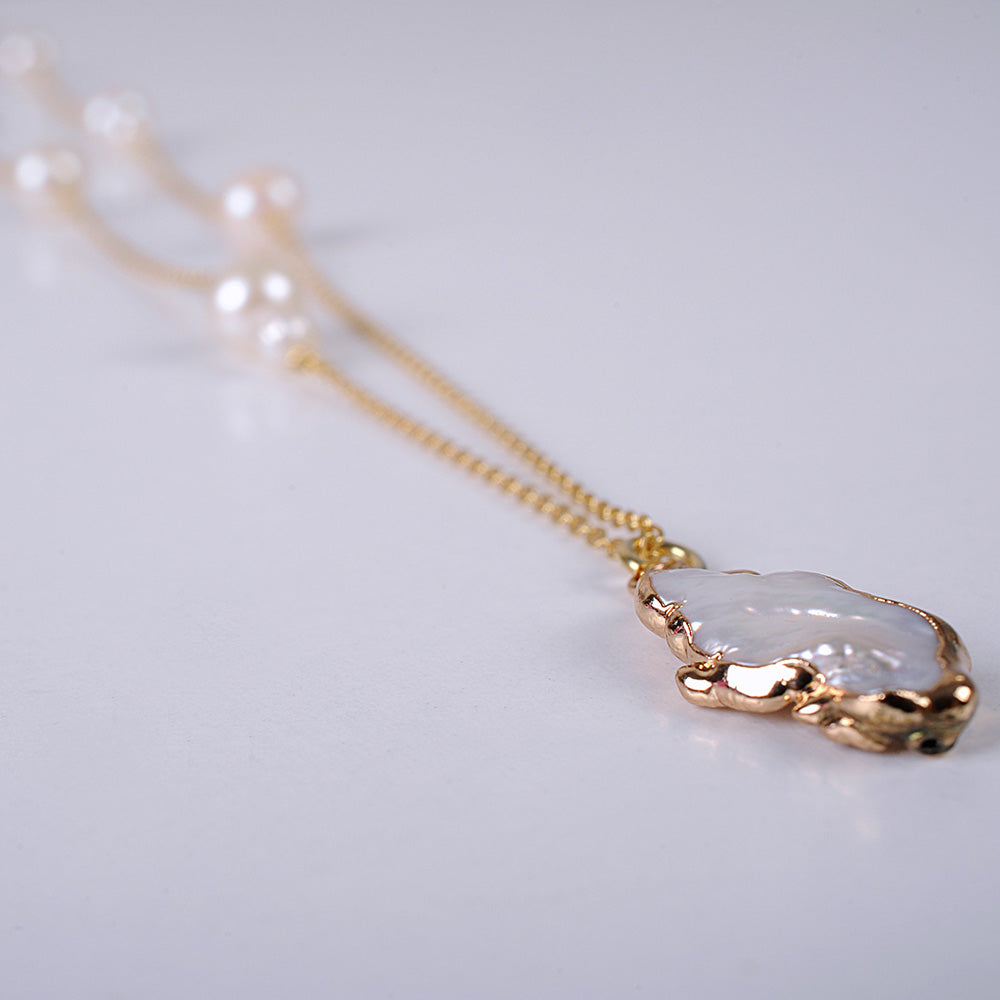Sterling Silver Long Chain Necklace with Natural Pearl
