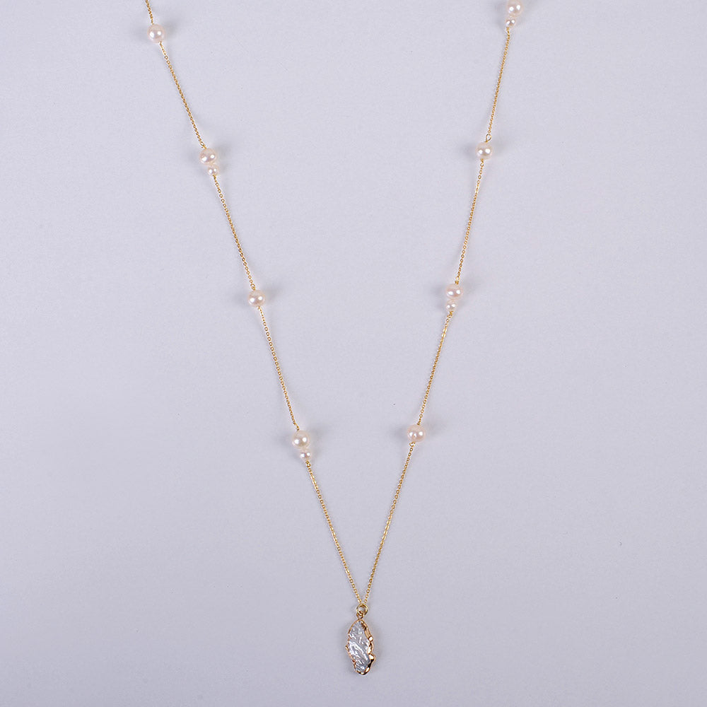 Gold Plated Silver Long Chain Necklace with Natural Baroque Pearl