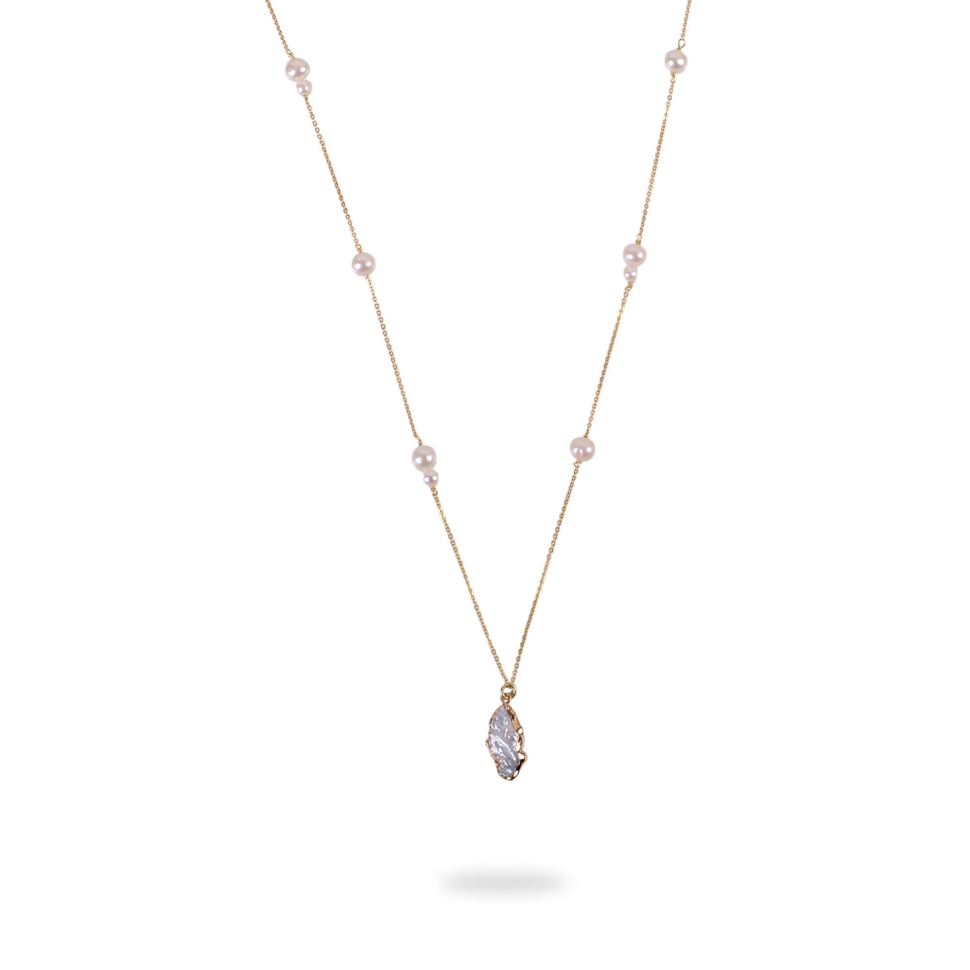 Gold Plated Silver Long Chain Necklace with Natural Pearl