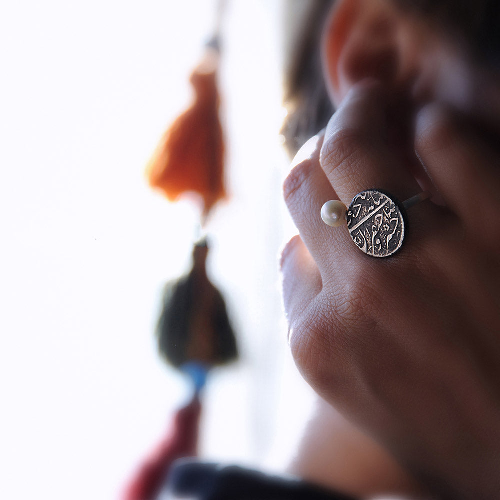 Sterling Silver Adjustable Qajar Coin Ring with Natural Pearl