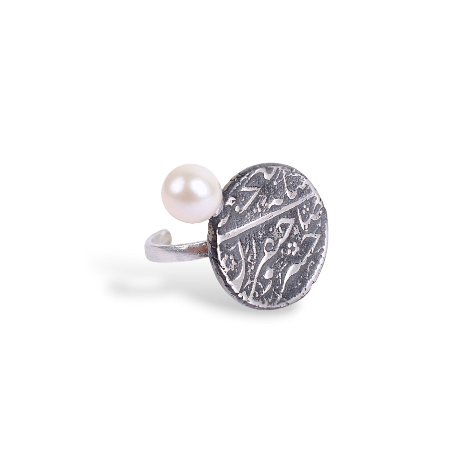 Silver Adjustable Qajar Coin Ring with Natural Pearl