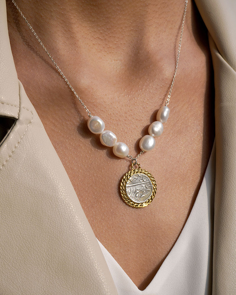 Silver Coin Necklace with Baroque Pearl