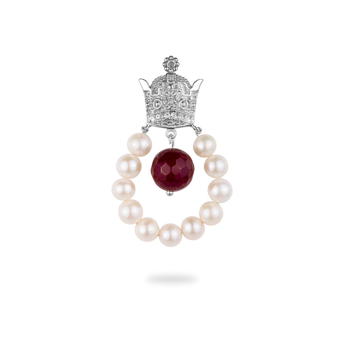 Sterling Silver Crown Brooch with Drop Agate and Freshwater Pearl