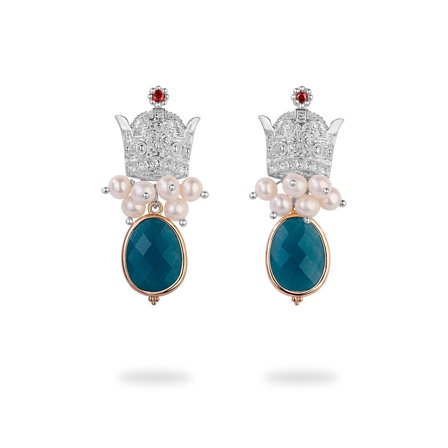 Silver Crown Earrings with Freshwater Pearls and Drop Agate