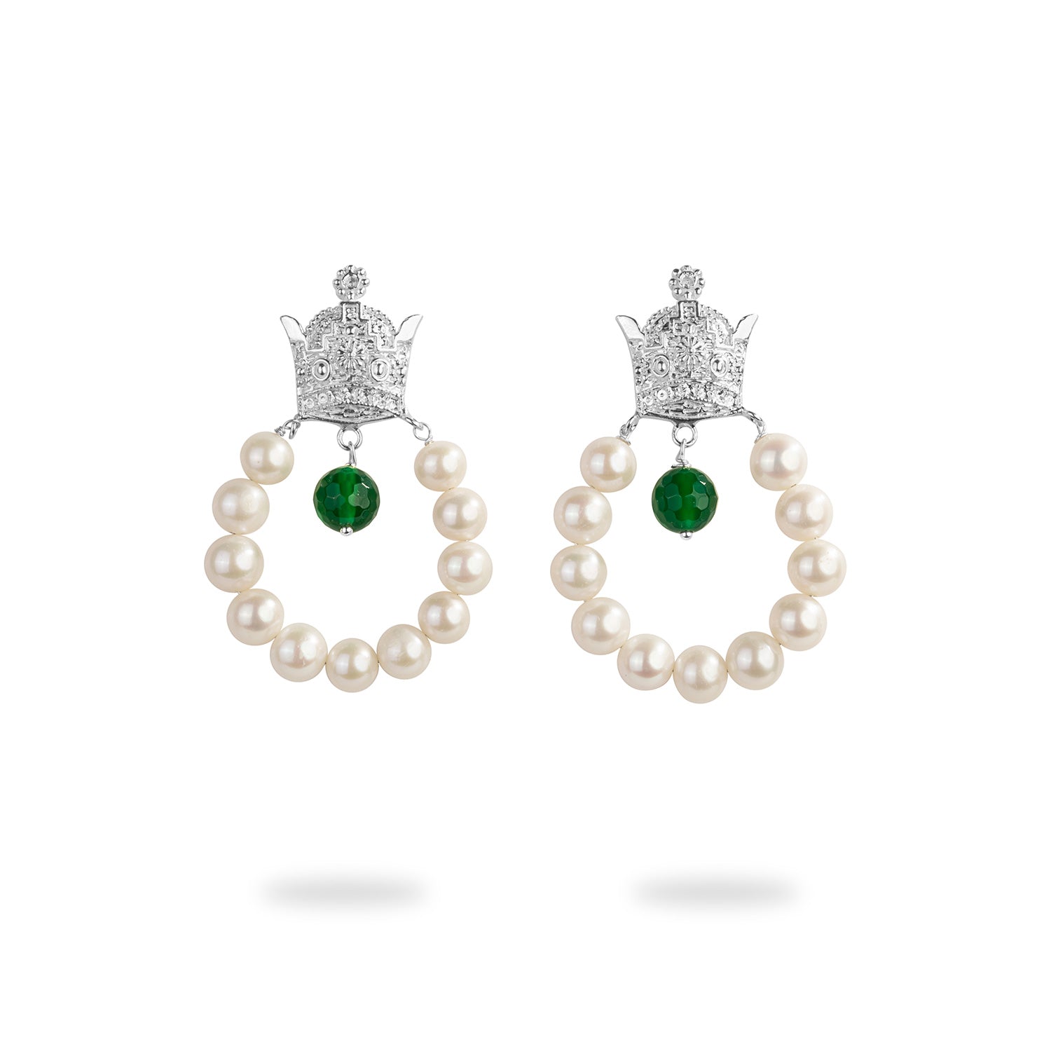 Silver Crown Earrings with Natural Pearl and Green Agate