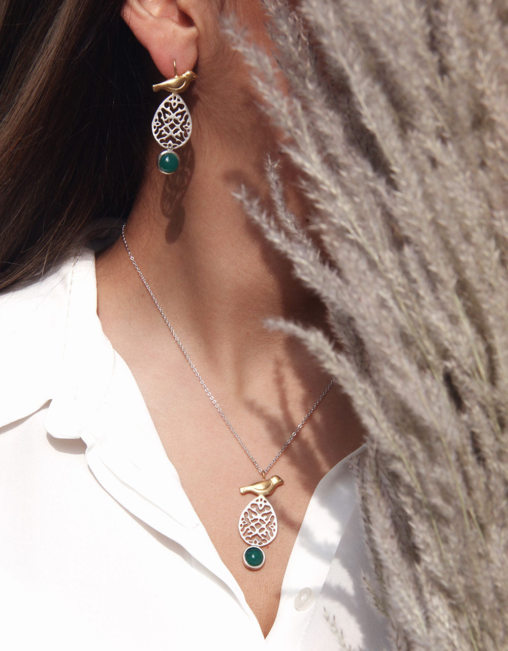 Dangle Silver Bird Earrings and Necklace on Cedar Tree with Agate Gemstone