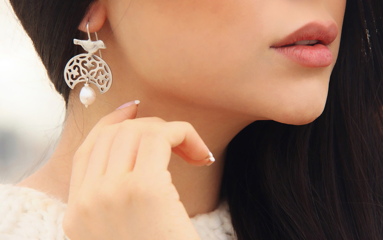 Sterling Silver Dangle Bird Earrings with Natural Baroque Pearl