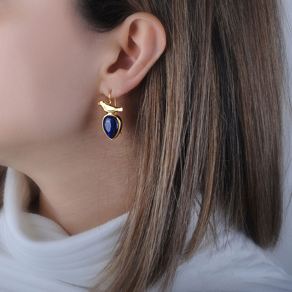 Golf Plated Silver Bird Earrings with Pear  Lapis Lazuli