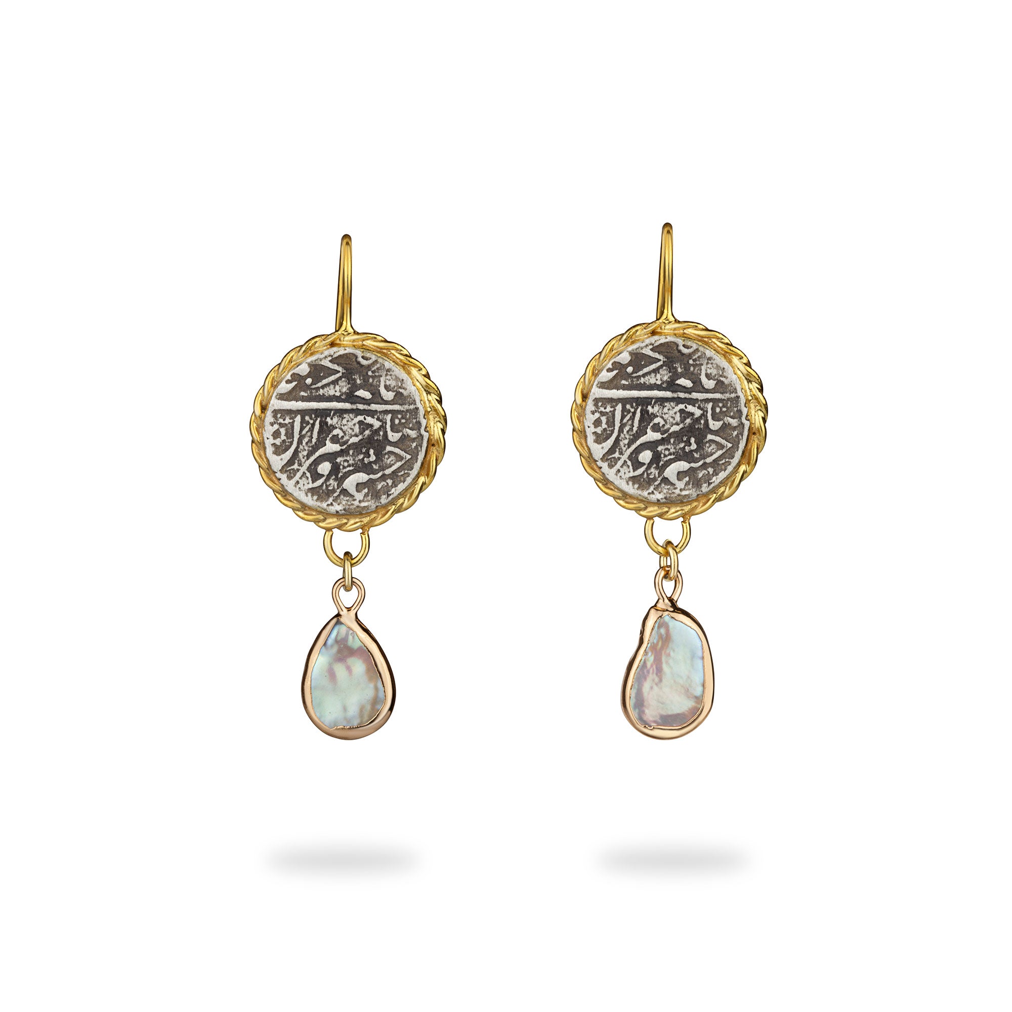 Silver Coin Earrings with Drop Baroque Pearl