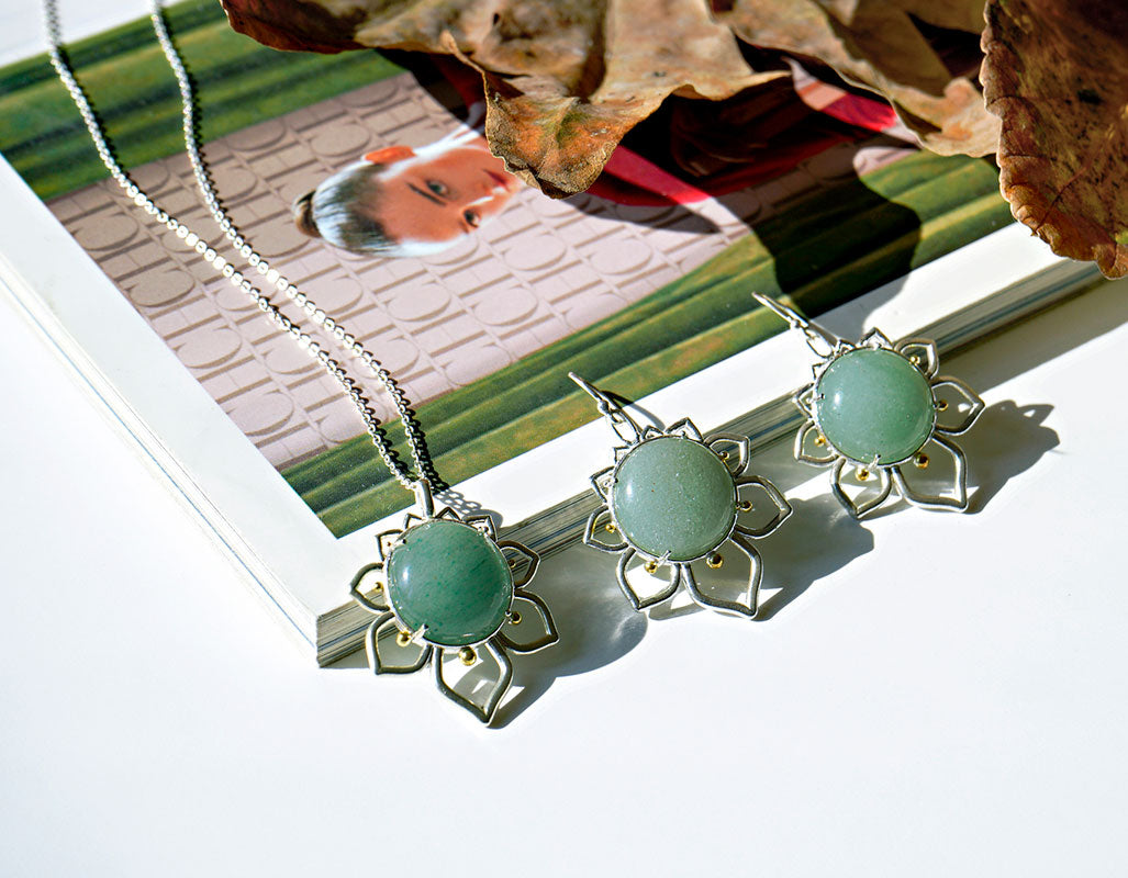 Sterling Silver Dangle Flower Earrings and Necklace with Aventurine