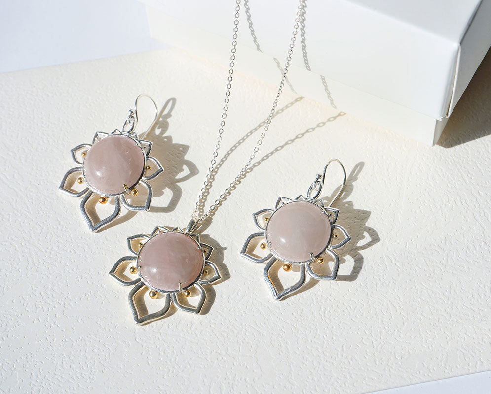 Sterling Silver Dangle Flower Earrings and Necklace with Rose Quartz