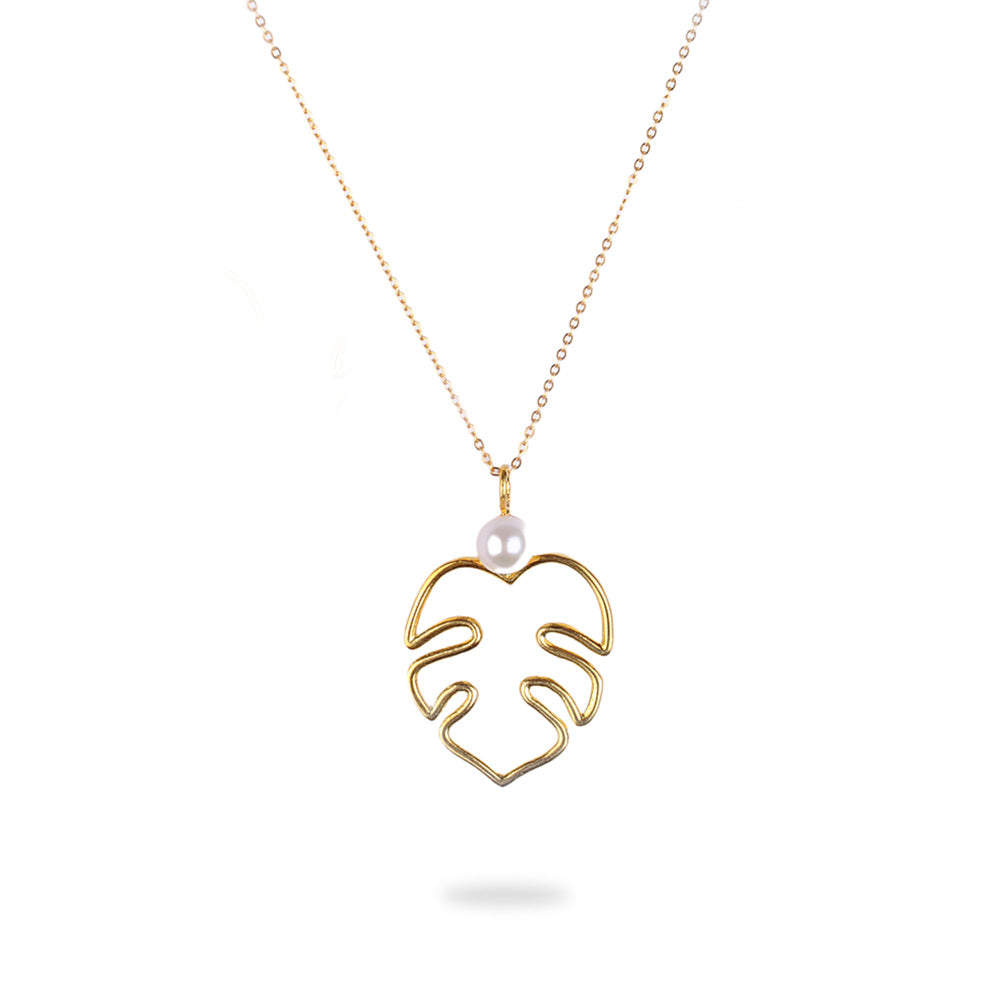 Gold Plated Silver Fig Leaf Necklace with Freshwater Pearl