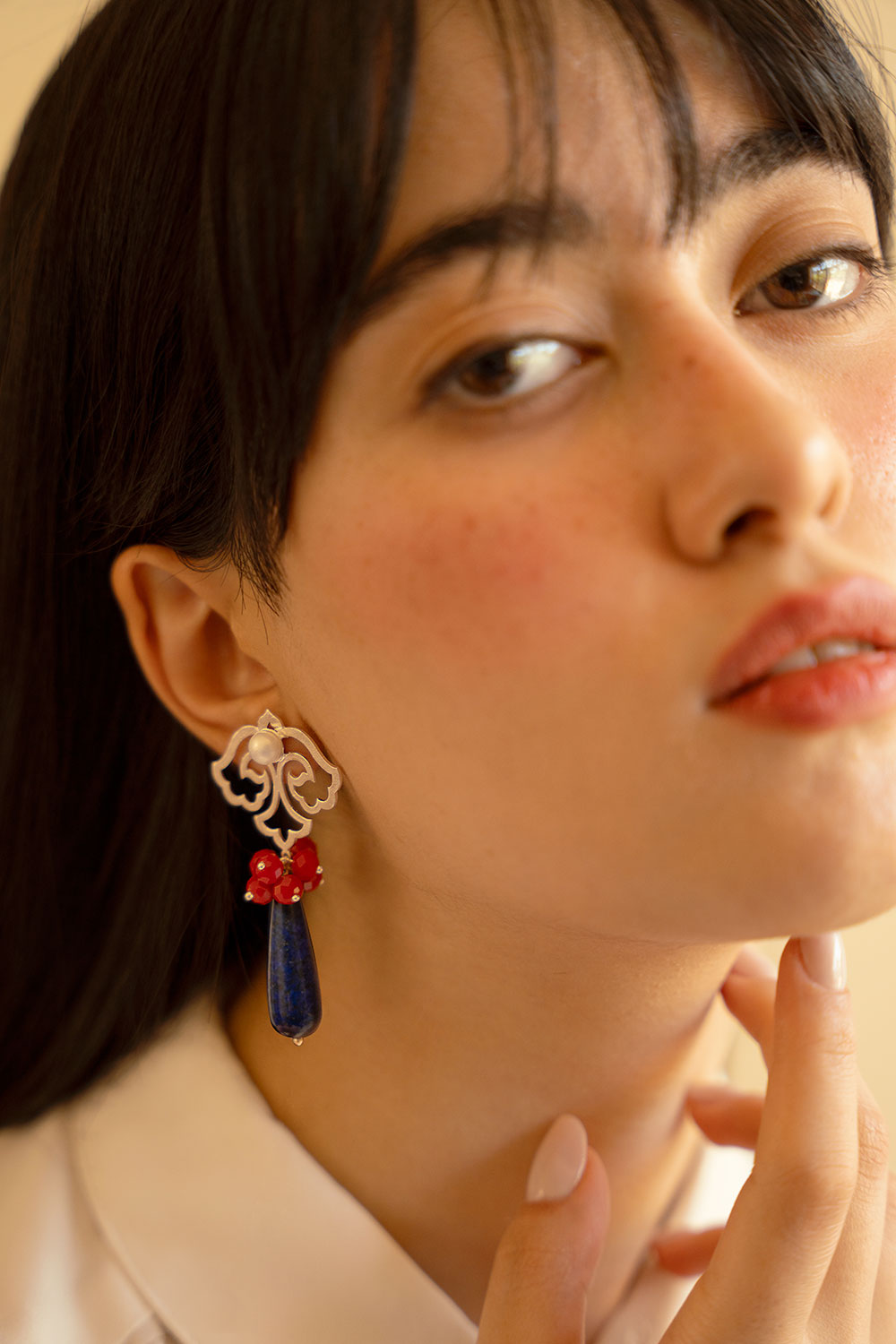 Statement Flower Silver Drop Earrings with Pearl and Lapis