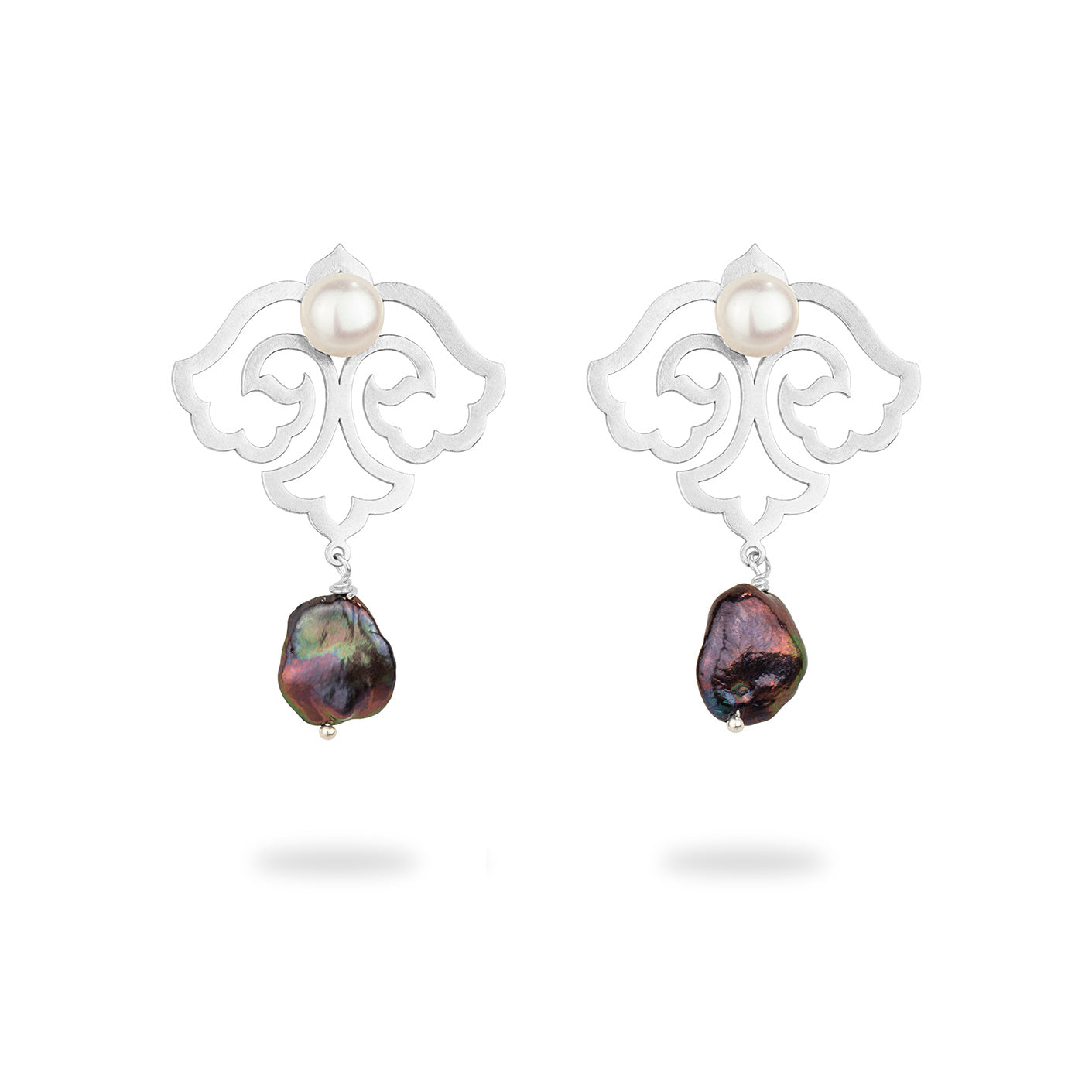 Silver Flower Statement Earrings with Baroque Pearl