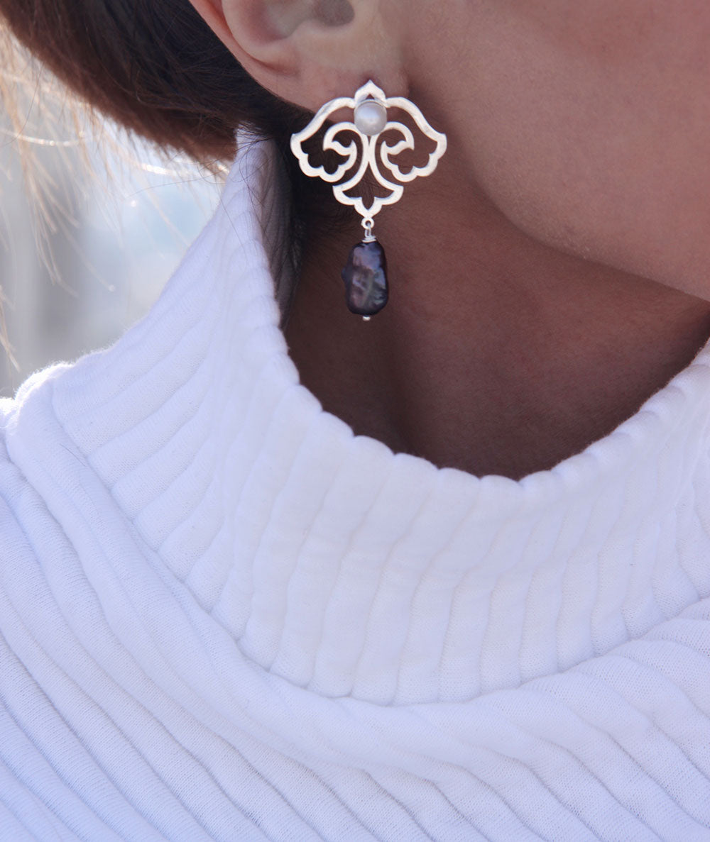 Sterling Silver Flower Statement Earrings with Baroque Pearl