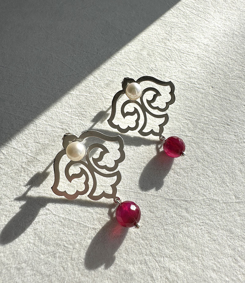 Silver Flower Statement Earrings with Red  Agate Drop