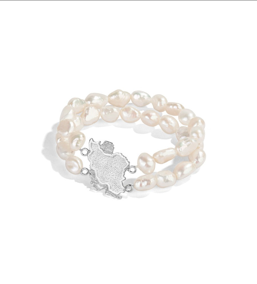 Sterling Silver Iran Map Bracelet with Beaded Baroque Pearl