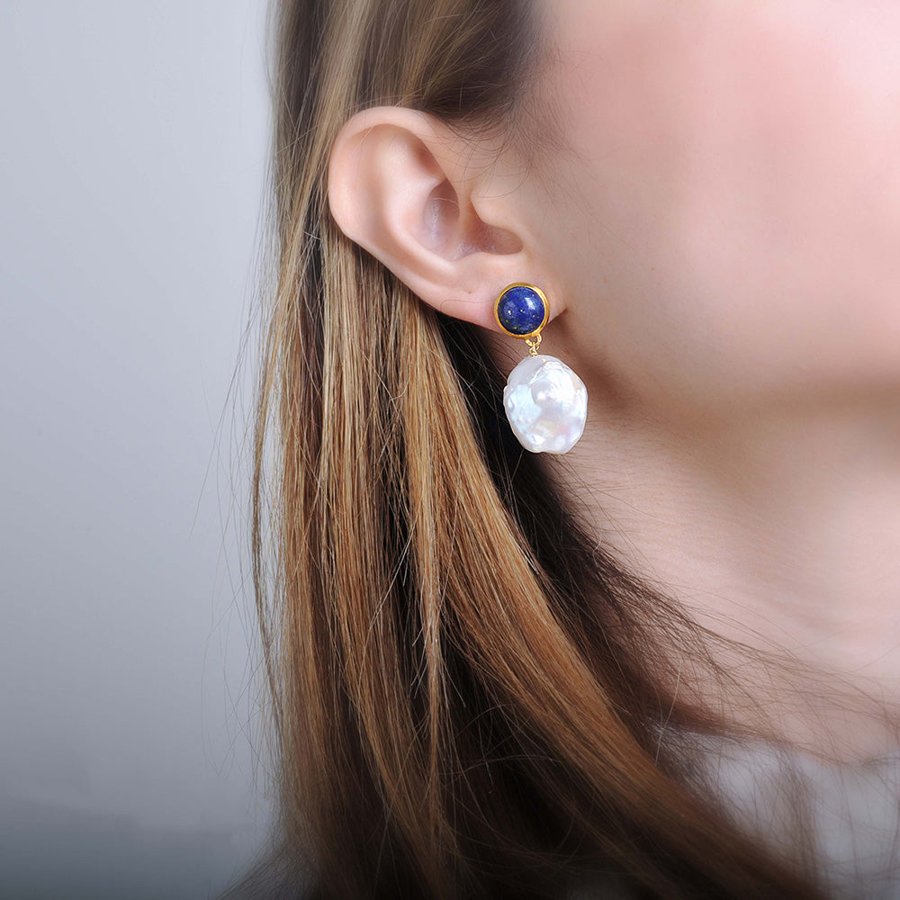 Silver Round Lapis Earrings with Natural Baroque Pearl