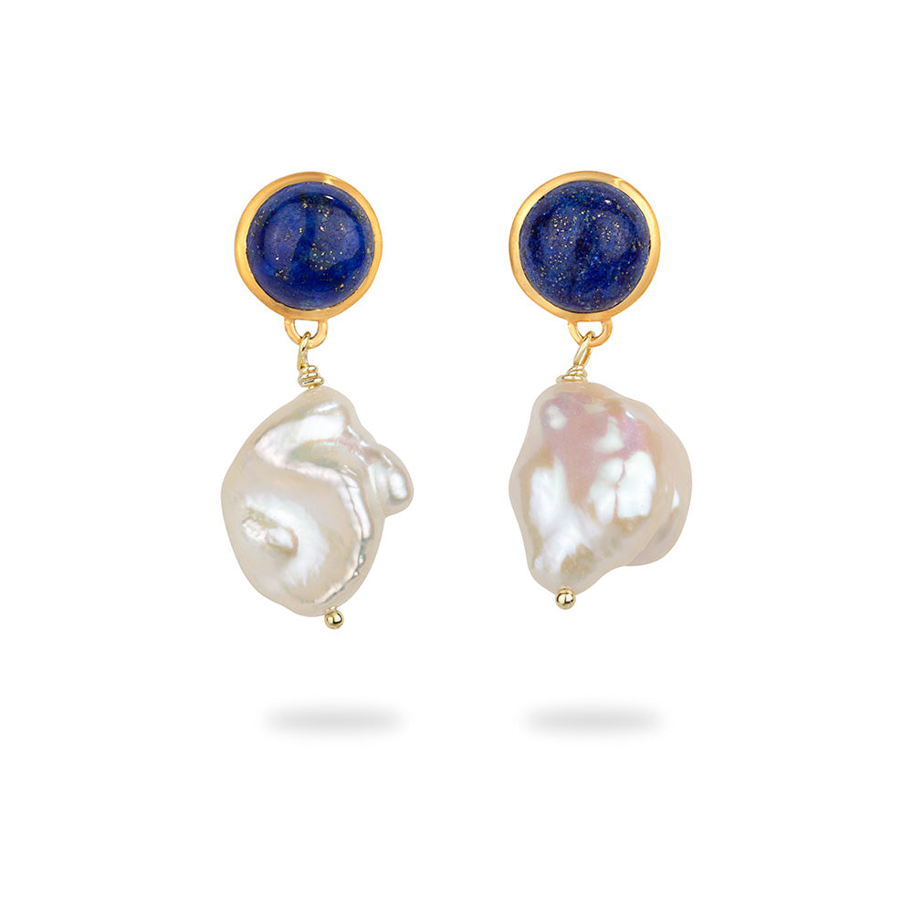 Silver Round Lapis Earrings with Natural Baroque Pearl