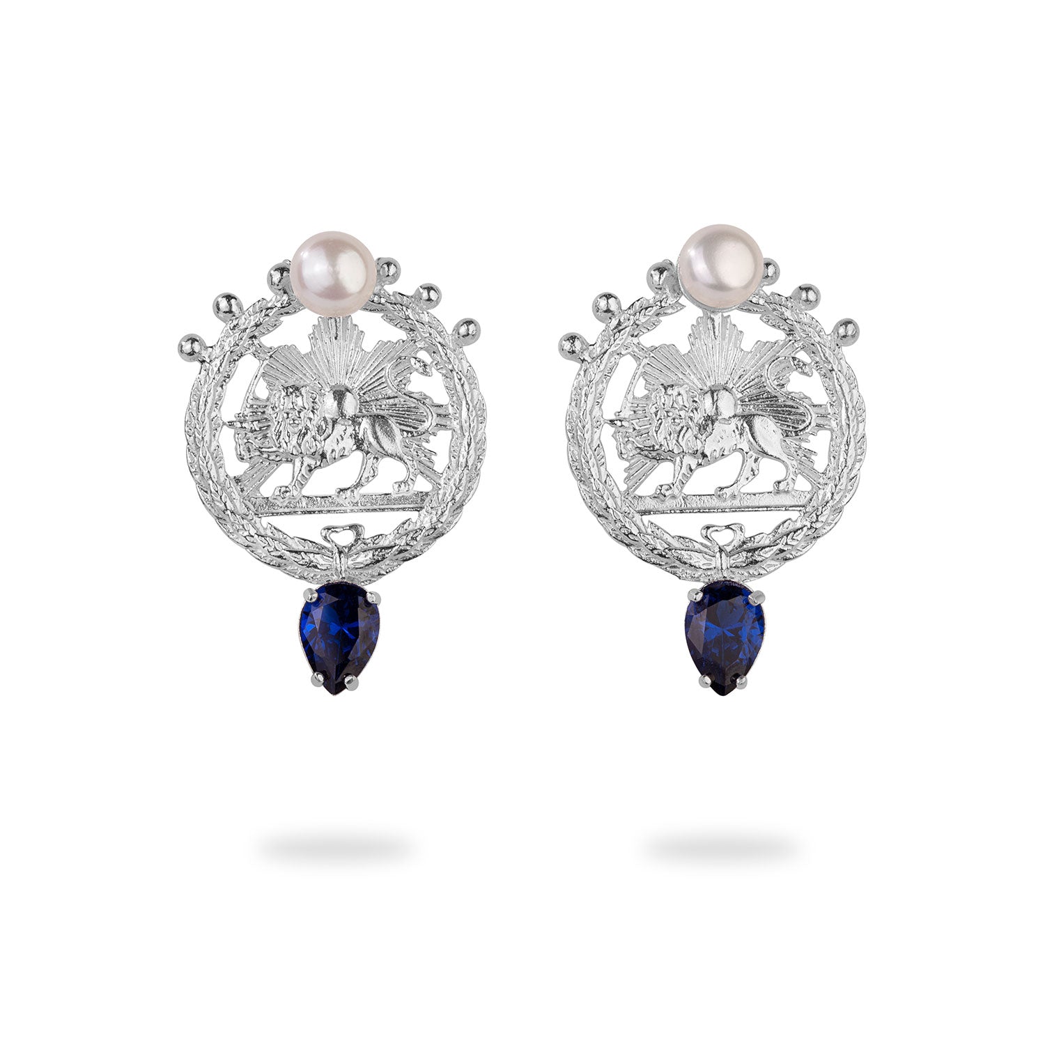 Silver Lion and Sun Statement Earrings with Freshwater Pearl
