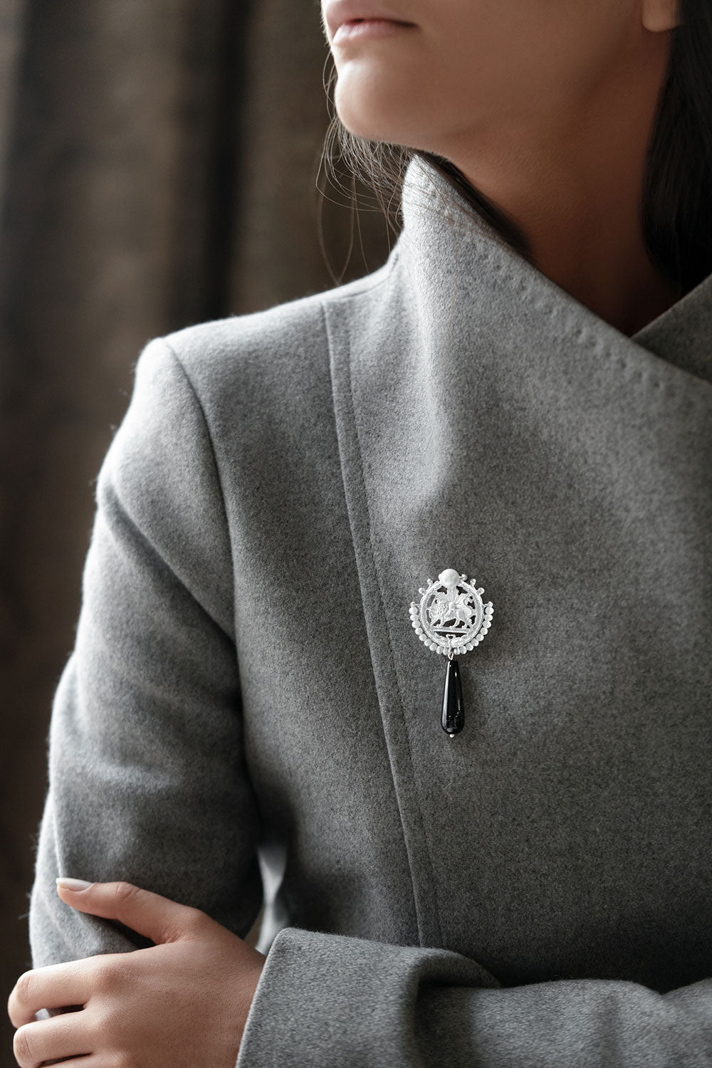 Sterling Silver Lion and Sun Brooch with Pearl and Drop Onyx