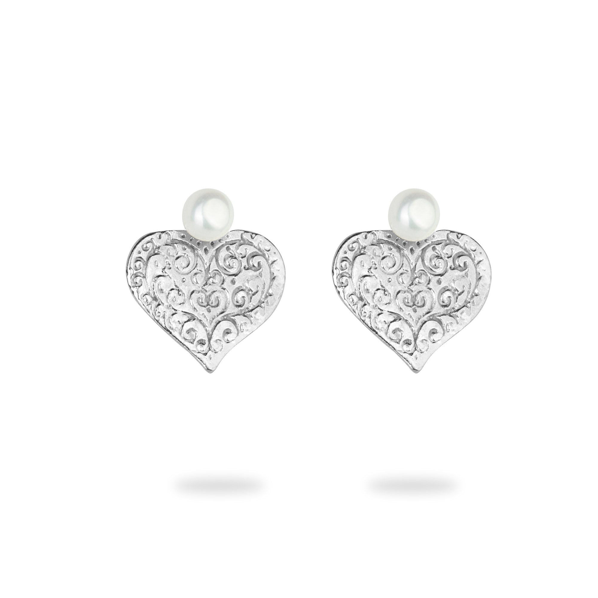 Silver Engraved Heart Stud Earrings with Freshwater Pearl