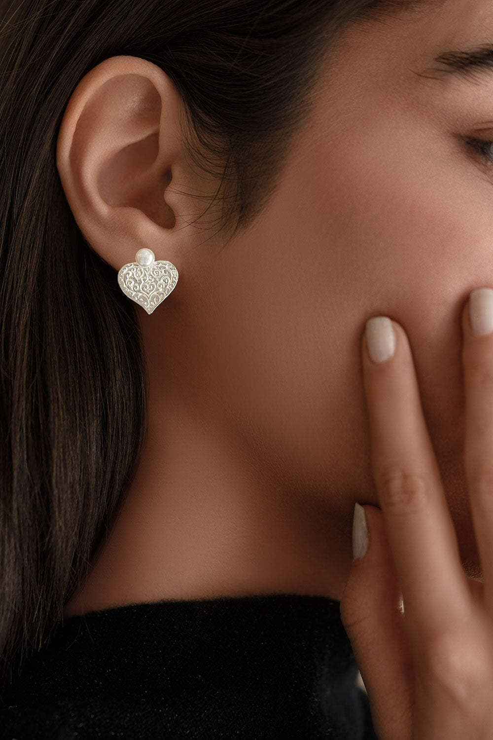 Sterling Silver Engraved Heart Stud Earrings with Freshwater Pearl