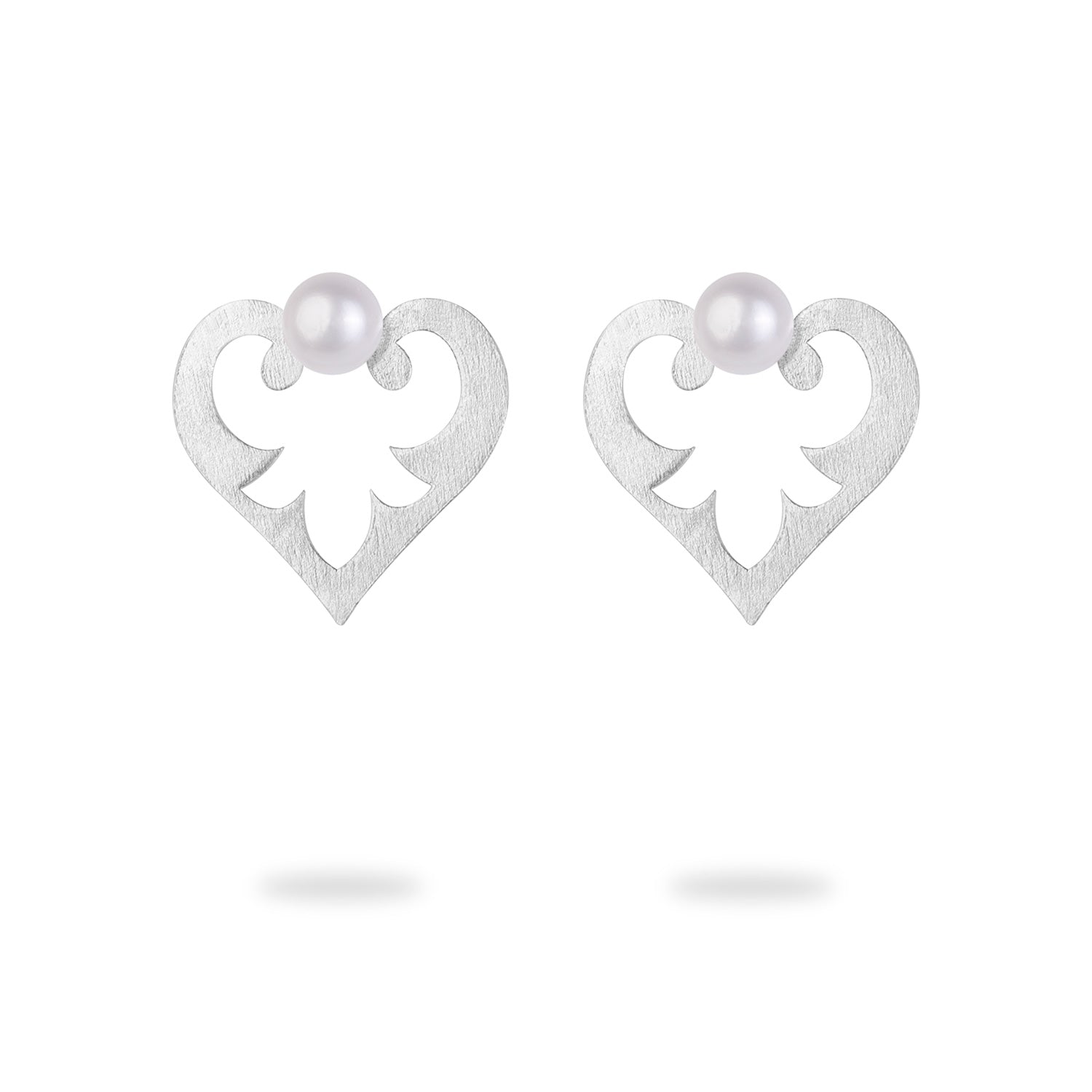 Silver Minimal Heart Stud Earrings with Freshwater Pearl