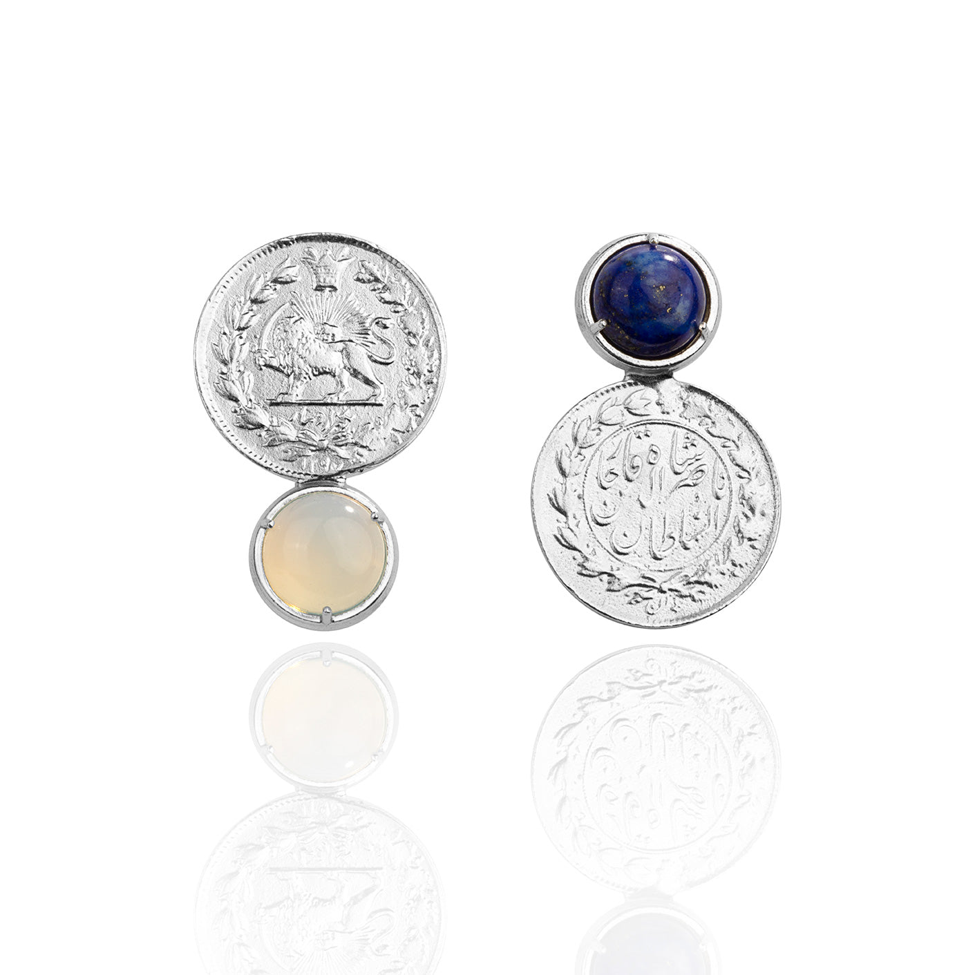 Silver Persian Lion and Sun Asymmetrical Coin Earrings with Opal and Lapis Stone