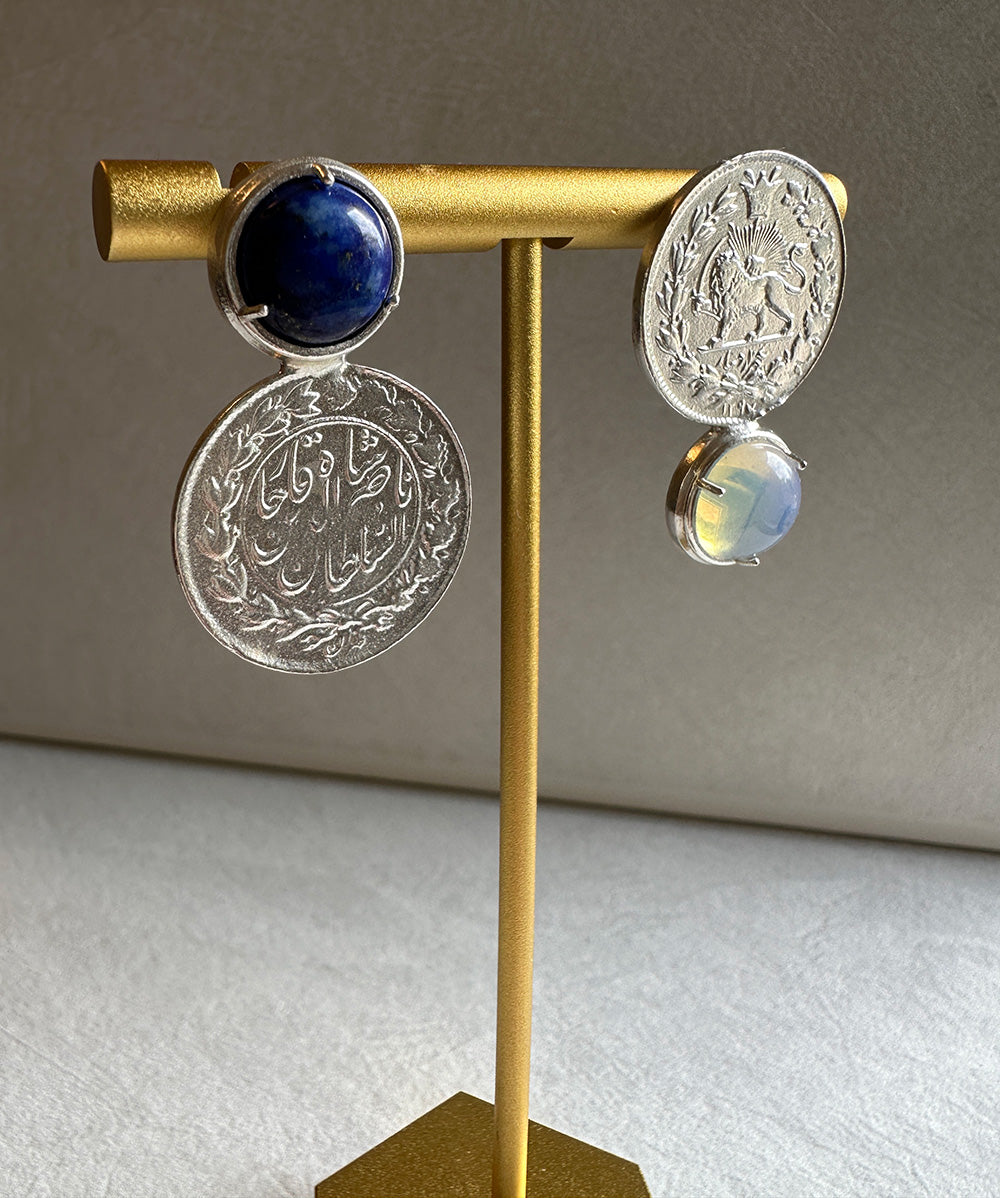 Silver Persian Lion and Sun Asymmetrical Coin Earrings with Opal and Lapis Stone