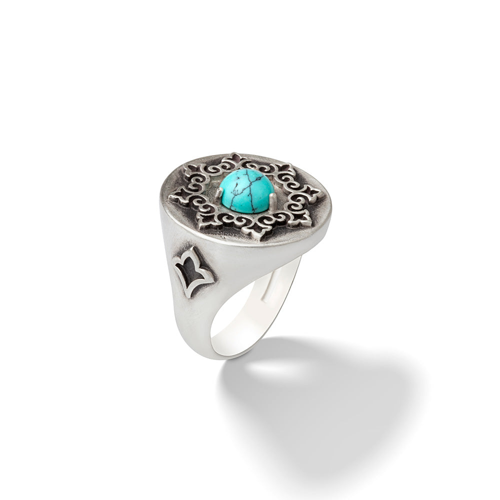 Sterling Silver Turquoise Signet Ring with Persian Pattern