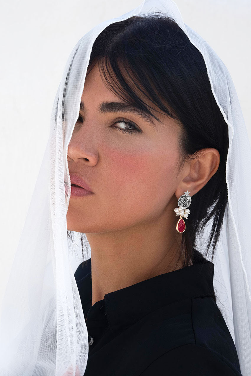 Silver Pomegranate Earrings with Natural Pearls and Drop Agate