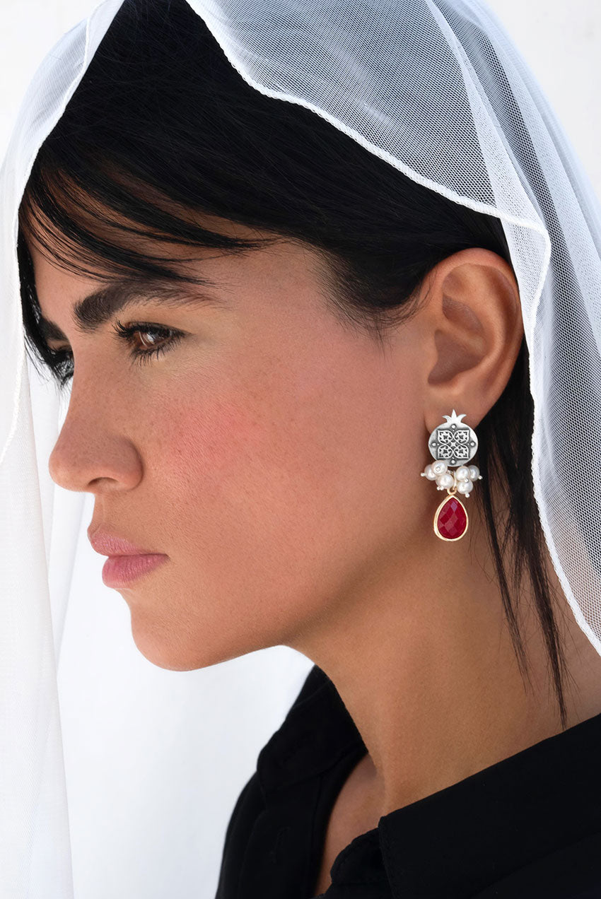 Sterling Silver Pomegranate Earrings with Natural Pearls and Drop Agate