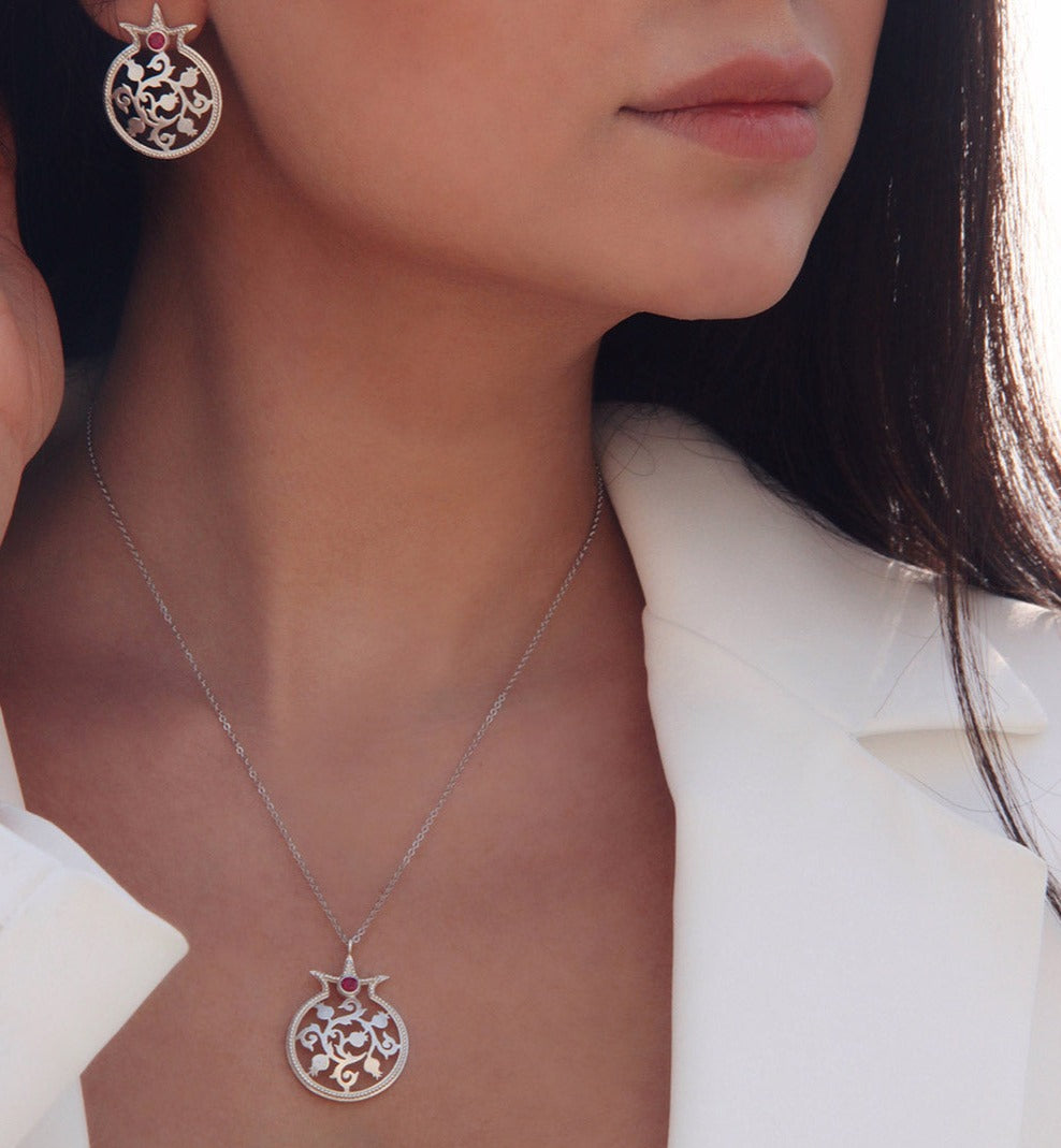 Sterling Silver Pomegranate Earrings and Necklace