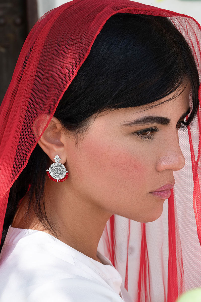 Silver Pomegranate Flower Earrings