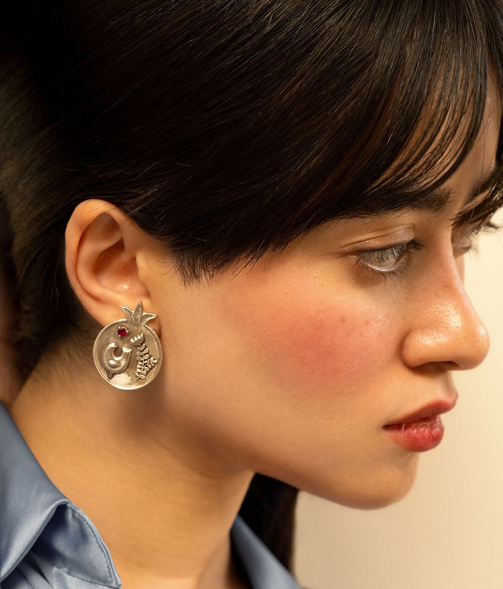 Silver Pomegranate Stud Earrings with Bird and Flower