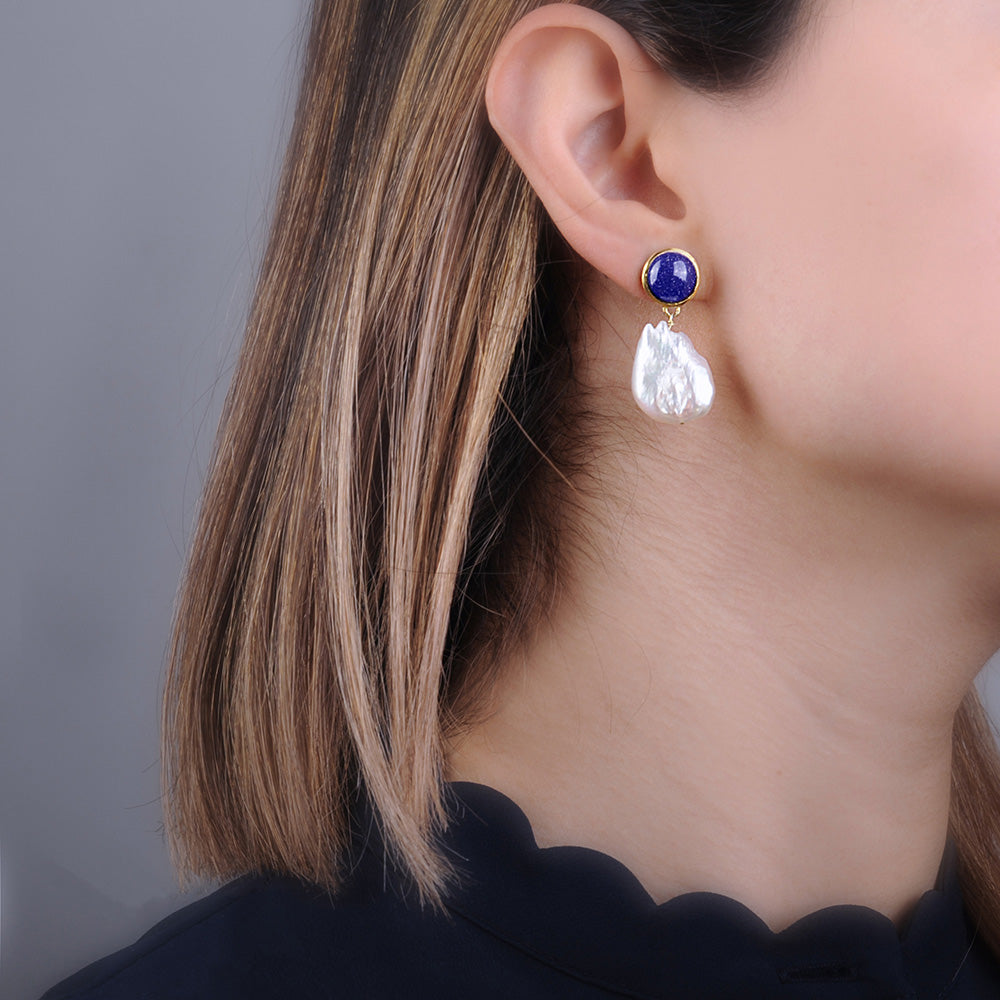 Silver Round Lapis Earrings with Natural Baroque Pearl