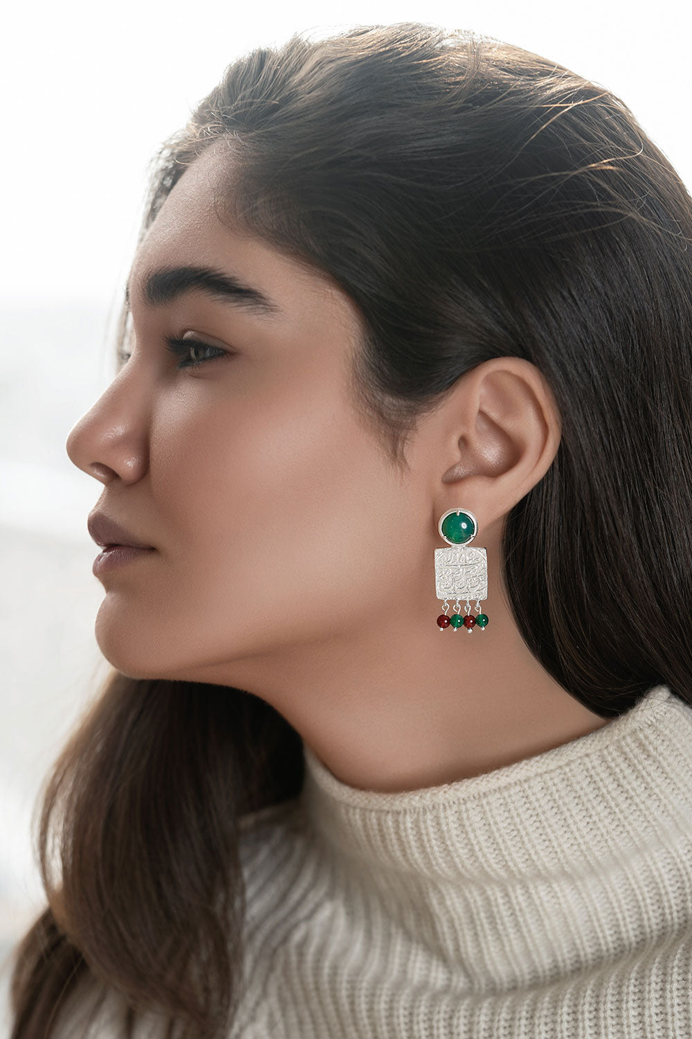 Silver Square Stud Coin Earrings with green and Red Agate