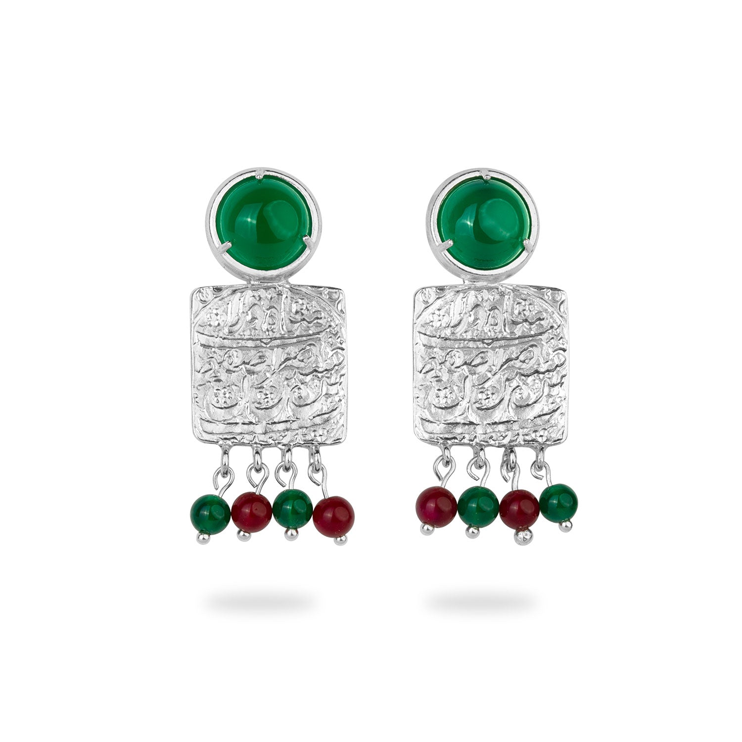 Silver Square Stud Coin Earrings with green and Red Agate