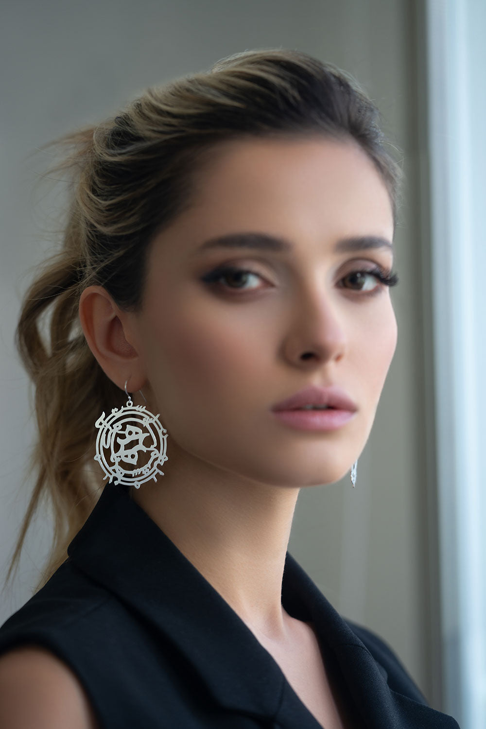 Sterling Silver Persian Calligraphy Dangle Statement Earrings, Sohrab Sepehri