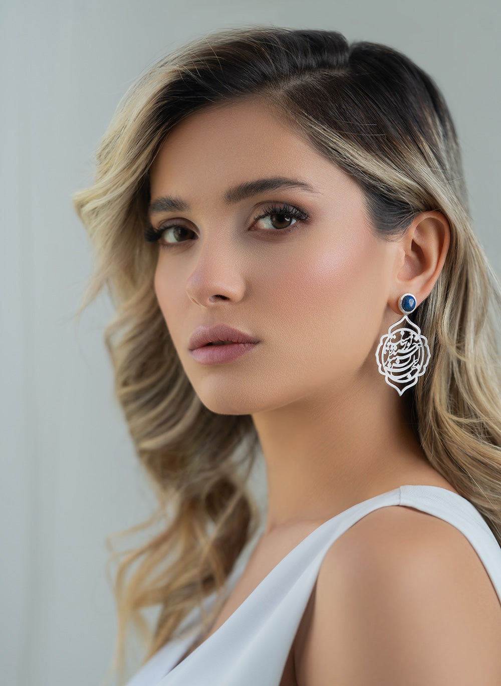 Sterling Silver Persian Calligraphy Statement Earrings with Lapis