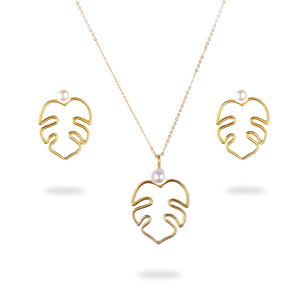 Gold Plated Silver Stud Fig Leaf Earnings and Necklace with Natural Pearl